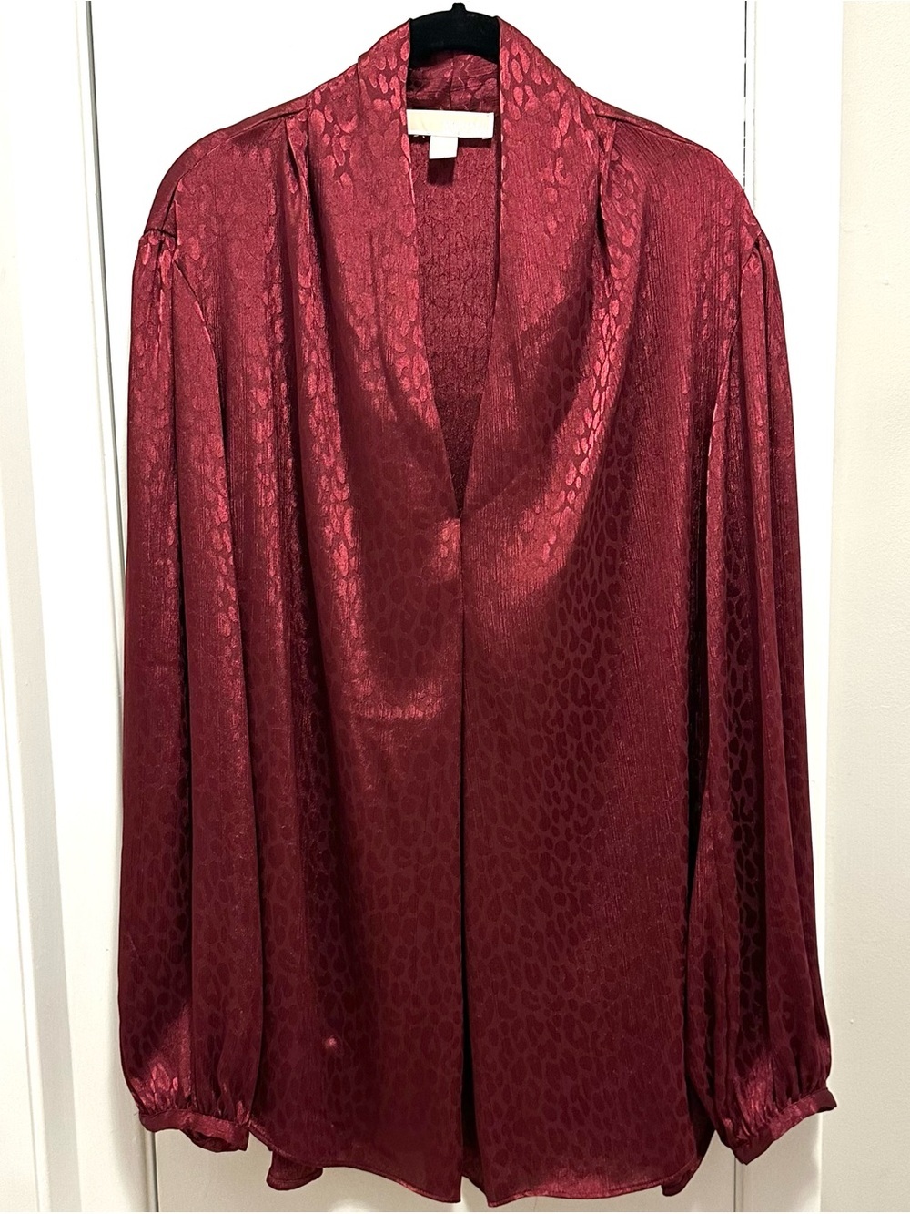 Michael Kors Satin Blouse Burgundy Wine 2X plus Tonal Leopard Print V-neck
